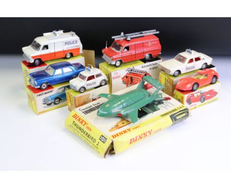 Seven boxed Dinky diecast models to include Thunderbird 2 &amp; 4, with inner display stand (poor box missing end flap), 255 