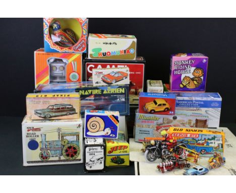 21 Boxed tin plate models to include clockwork examples, featuring 4 x Kovap Retro (Road Roller 1927, Caravan 1973, Mercedes 