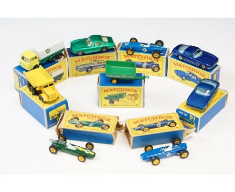 Nine boxed Matchbox Series diecast models to include 25 BP Tanker, 6 Euclid Quarry Truck, 51 Tipping Trailer, 2 x 14 ISO Grif