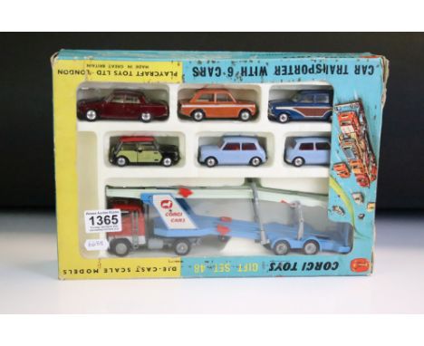 Boxed Corgi Gift Set 48 Car Transporter with 6 Cars diecast model set, complete, diecast is in good condition with some paint