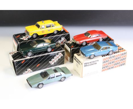 Four boxed 1/43 Western Models metal models to include WP109 Aston Martin, WMS 55 1974 Checker Cab (New York), WP115 1987 Jag