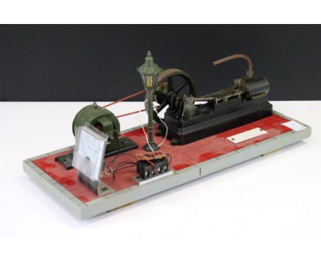Live Steam - Stuart S50 horizontal mill engine driving a Stuart dynamo (connected to a 'street lamp' light and volt meter), t