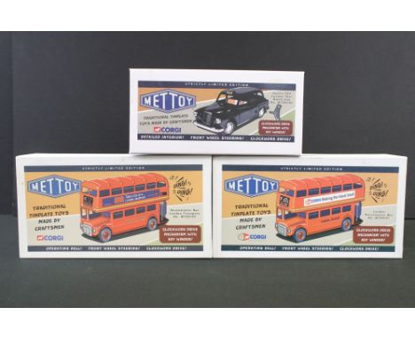 Three boxed ltd edn Corgi Mettoy tin plate models to include MT00101 London Routemaster Bus, MT00103 London Routemaster Bus a