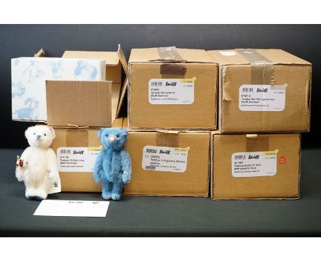 Six boxed Steiff teddy bears to include 421389 Steiff Club Edition Maple 16, 4130227 Teddy Bear Livingstone 28 Mohair, 674914