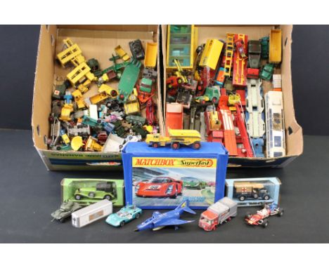 Over 80 mid 20th C onwards play worn diecast models to include Dinky, Corgi, Matchbox, Britains and Politoys examples, featur