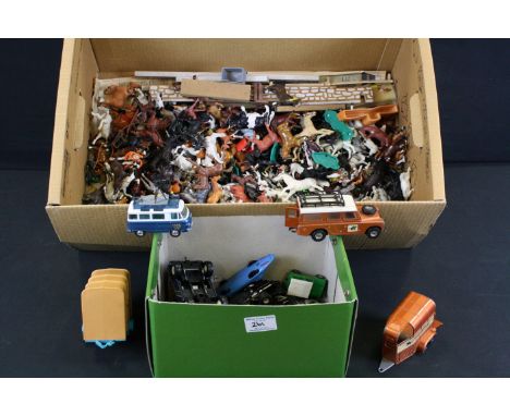 Collection of plastic farm animals featuring Britains examples, vast majority are horses, plus 9 x play worn diecast models f