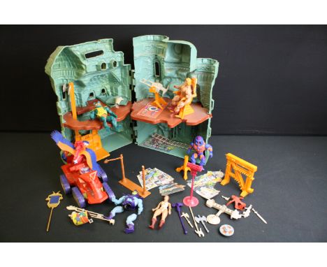 Masters Of The Universe - Six play worn Mattel He Man figures to include He Man, Mer Man, Skeletor (legs detached), Teela, Ma