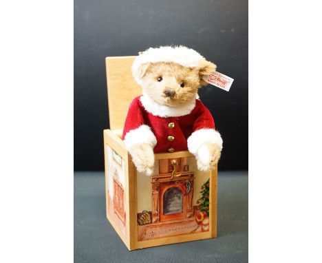 Steiff ' Santa in the Box ' teddy bear soft toy, button &amp; tag to ear, made of alpaca, and wearing a bobble hat &amp; coat