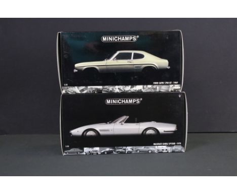 Two boxed Pauls Model Art MiniChamps 1/18 diecast models to include 18008900 Ford Capri 1700 GT 1969 light green (missing doo