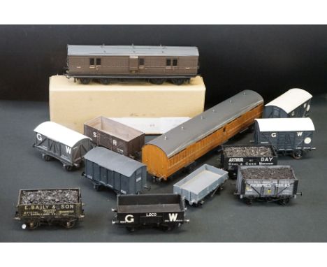 12 O gauge items of kit built rolling stock featuring trucks, vans and a K4 Dean PBV in brown livery, plastic &amp; metal con