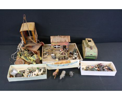 Eight Mid 20th C tinplate, diecast and wooden models to include a Marx clockwork tinplate tank, tinplate crane, wooden yacht,