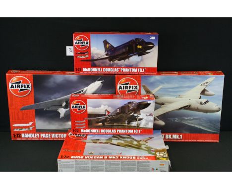 Five Boxed &amp; unbuilt Airfix 1:72 scale plastic model aeroplane kits to include A12008 Handley Page Victor, A50097 Avro Vu