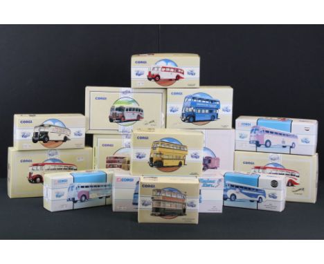 14 Boxed Corgi diecast models to include 10 x Commercials from Corgi and 4 x Vintage Buses USA featuring LMS Set, The Devon B