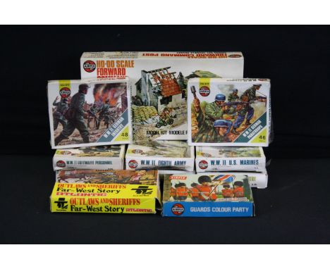 Nine Boxed Airfix HO/OO plastic figure sets to include 5 shrink-wrapped examples (01716-1 WWII US Marines, 01709-3 WWII Eight