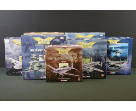 Seven Boxed Corgi Aviation Archive 1/144 diecast models to include 2 x Frontier Airliners (47110 Douglas DC3 Air France, 4750
