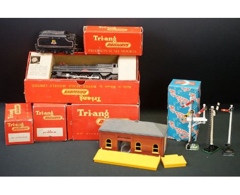 Five boxed Triang OO gauge items to include R50 4-6-2 Princess Loco black livery, R30 Princess tender, R60 Ticket Office, R62