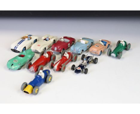 Ten Dinky mid 20th C racing car diecast models to include 234 Ferrari, 23F Alfa-Romeo, 233 Cooper-Bristol, 23N Maserati, 236 