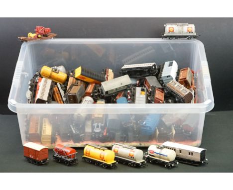 Around 90 OO gauge items of rolling stock featuring tankers, vans and trucks to include Hornby, Triang, Hornby Dublo, kit bui
