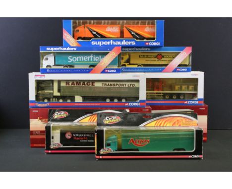 Nine Boxed Corgi diecast truck models to include 4 x Hauliers of Renown 1:50 ltd edn models (CC14011 Volvo FH Curtainside, CC