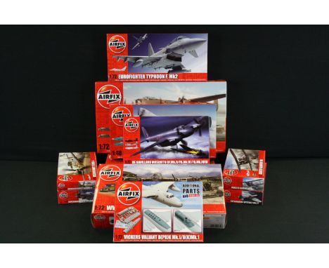 11 Boxed &amp; unbuilt Airfix military aircraft plastic model kits to include 2 x 1:48 scale examples (A06103 Supermarine Sea