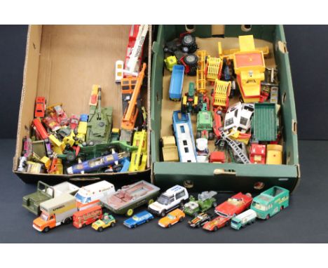 Around 70 play worn diecast &amp; plastic models, featuring mid 20th C examples, to include Britains, Dinky, Matchbox, Corgi 