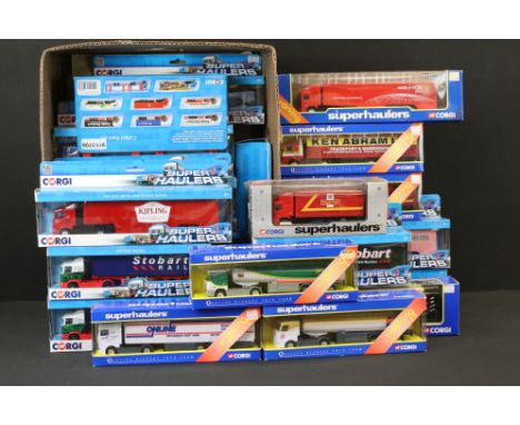 28 Boxed Corgi Super Haulers diecast models to include 59542 ERF Box Trailer, TY86601 Scania Race Transporter, 59513 ERF Shor