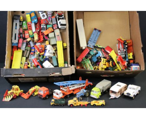 Over 110 play worn diecast models featuring mid 20th C examples, to include Dinky, Matchbox, Triang, Corgi and Britains, feat