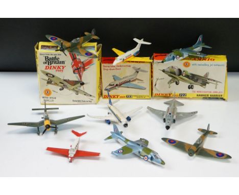 Three boxed Dinky diecast model planes to include 722 Hawker Harrier, 723 Hawker Siddeley HS 125 Executive Jet &amp; 719 Spit