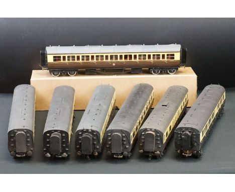 Seven O gauge kit built metal &amp; wooden coaches in chocolate &amp; cream livery, featuring Wayoh, vg overall condition 