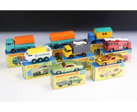 Eight boxed Matchbox 75 Series diecast models to include Superfast 35 Merryweather Fire Engine, 1 Mercedes Truck, 37 Cattle T