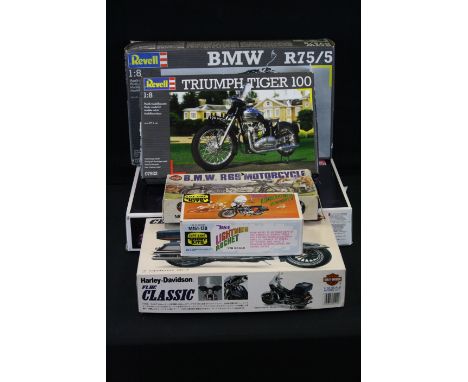 Six Boxed &amp; unbuilt plastic motorcycle model kits to include 2 x Revell 1:8 (07922 Triumph Tiger 100, 07902 BMW R75/5), A