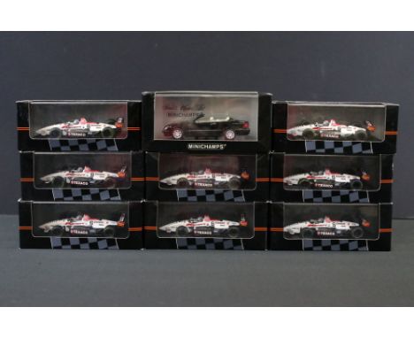 Eight cased Onyx Indy Car Collection diecast model racing cars together with a Paul's Model Art Minichamps 031430 Mercedes-Be