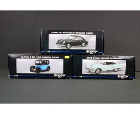 Three Boxed Ricko Ricko 1:18 scale diecast models to include 32130 Austin 7 De Luxe Saloon (1932), 32157 Auto Union 1000SP Ro