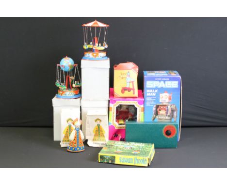 Eight boxed tin plate toys to include Battery Operated Space Walk Man, Sawen Jhoola (India) etc plus a boxed B&amp;A Bowls In