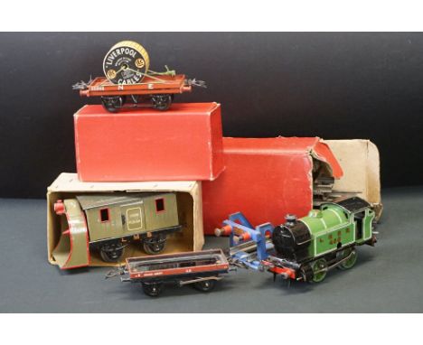 Group of Hornby O gauge model railway to include 0-4-0 LNER 460 locomotive, LMS Snow Plough rolling stock (vg), boxed Flat Tr