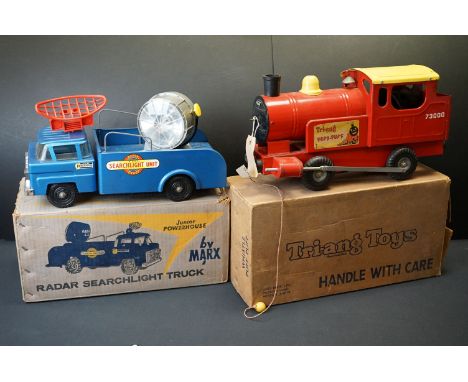 Two boxed metal toys to include Marx Radar Searchlight Truck and Triang Whistle Puff Puff, showing wear and some rusting but 