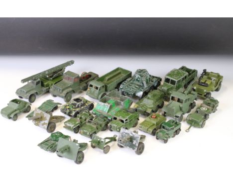 Around 20 mid 20th C play worn military diecast models to include Dinky, Corgi &amp; Matchbox to include Dinky 689 Medium Art