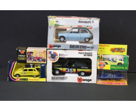 Six boxed diecast models to include 2 x Politoys (M17 Ferrari 512 S Modulo P in blue &amp; E21 Opel CD in yellow), 2 x Corgi 