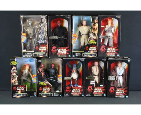Star Wars - Nine boxed Hasbro Episode I 12" figures to include 5 x Action Collectibles (Qui Gon Jinn, Obi Won Kenobi, Watto, 