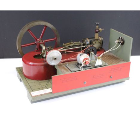 Live Steam - A Horizontal Engine driving a Stuart Dynamo (with light attached) and 7 inch spoked flywheel, mounted on a woode