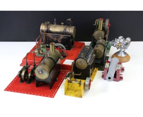 Live Steam - A Mamod steam plant with horizontal brass boiler powering a twin-cylinder mill engine with 2.5" flywheel; togeth