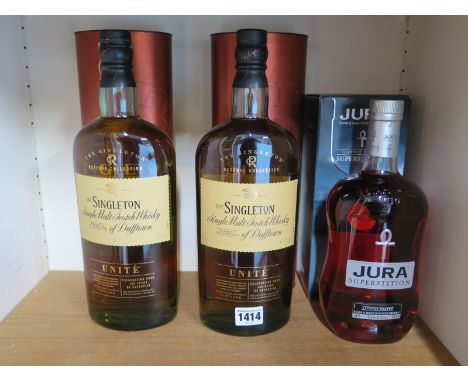 A 1 Litre bottle of Jura Superstition Single Malt Scotch Whisky and two bottles of the Singleton Unite Reserve Collection Sin