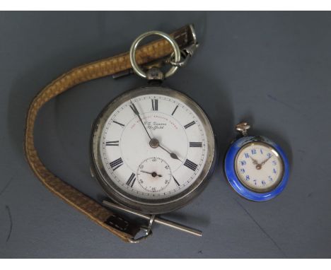 A silver open faced pocket watch - working - with a ladies silver and enamel pocket watch