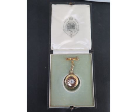 An 18ct yellow gold wristwatch converted to a fob watch, hinged 30mm case with outer chapter enclosing a white Roman dial wit