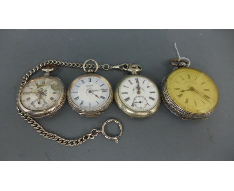 Three silver cased open faced pocket watches and a larger silver cased chronometer - all with Roman numeralsCondition report: