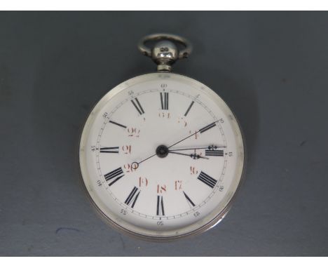A large silver cased open faced pocket watch Roman numerals and Arabic numerals to white enamel dial, the case hallmarked for
