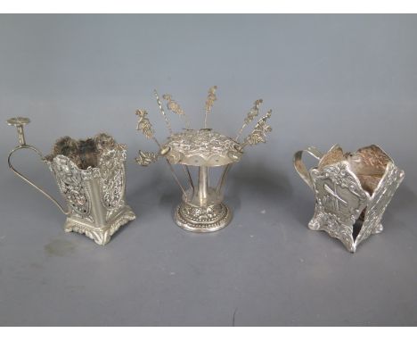 Two Continental silver cup holders - approx weight 3.4 troy oz - and a part plated cocktail stick holder - cups missing inser