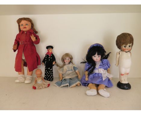 A collection of six vintage dolls including two bisque headed German dolls - 26cm and 34cm tall - reasonably good condition, 