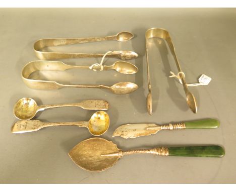 Three pairs of silver hallmarked sugar nips, two small ladles and a silver topped knife and fork - Weight approx 5 troy ozCon
