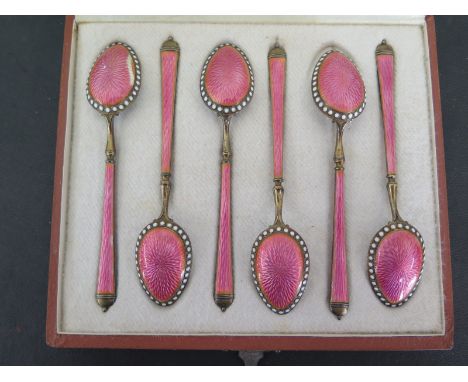A set of six Russian enamel spoons - Length 10.5cm - approx weight 2.5 troy oz - boxed - damage to enamel of one bowl, rest g